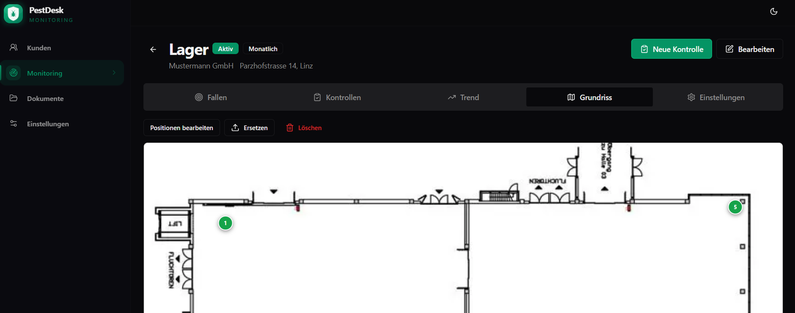 PestDesk Grundriss – Fallenpositionen auf dem Gebäudeplan markieren